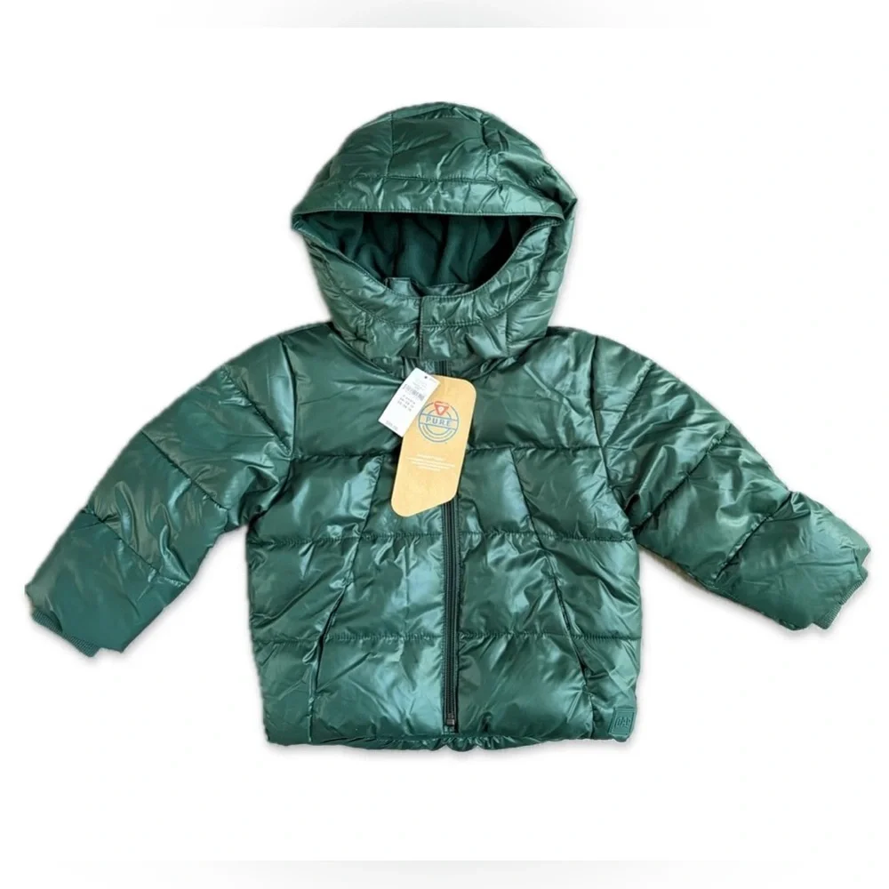 NWT Baby Gap Puffer Jacket with Removable Hood Green Toddler 3 Kids Boys Girls